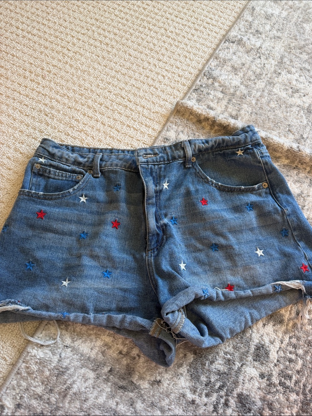Embroidered Star Denim Shorts - Blue
